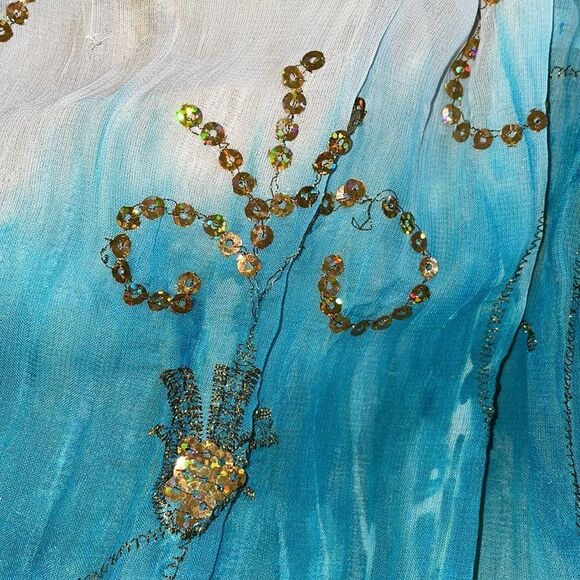 Peter Nygard turquoise & tan polyester blouse with gold spangles & embroidery - Picture 9 of 9